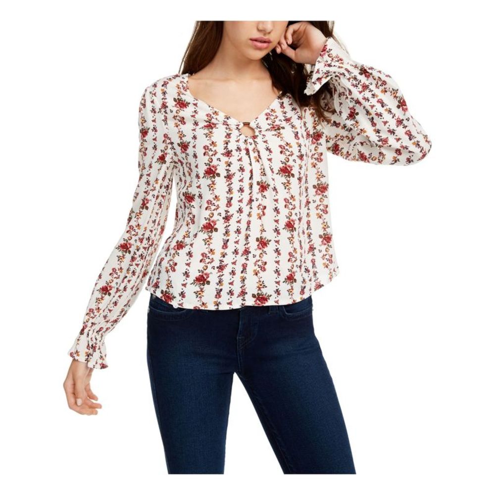 FRESHMAN FOREVER Womens Ivory Short Length Pleated Floral V Neck Top Juniors XL